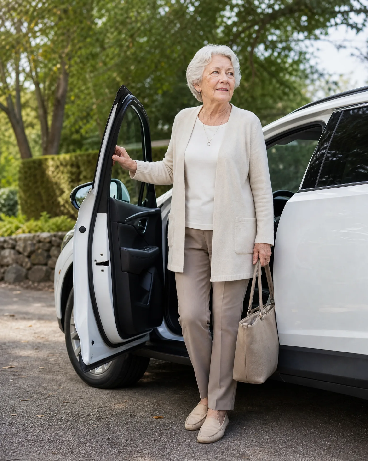 An older woman with white hair, wearing a cream cardigan and beige trousers, stands beside an open door of a white SUV holding a beige handbag, with trees and a stone wall behind.