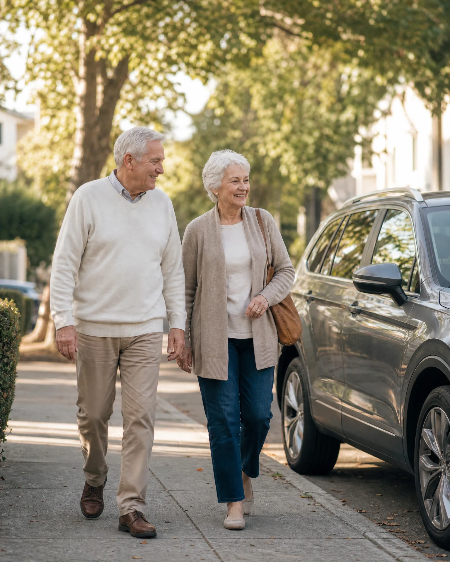 An older man in a cream sweater and khakis and an older woman in a beige cardigan, white top and jeans walk side by side along a sidewalk beside a parked gray SUV, with leafy trees behind them.