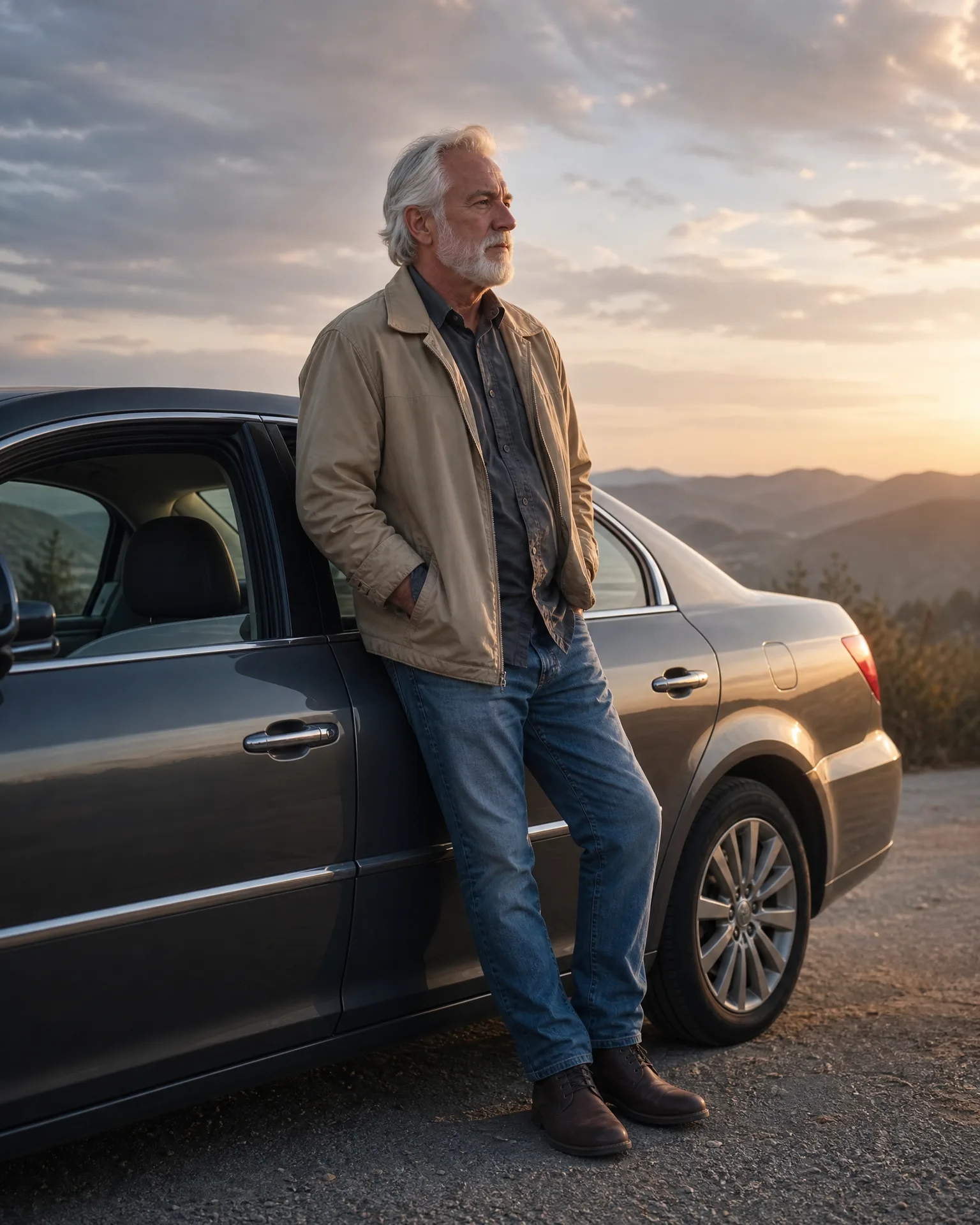 An older man with white hair and a beard, wearing a tan jacket, dark shirt, jeans and brown shoes, leans against a dark grey sedan on a gravel area with hills and a sunset sky behind.