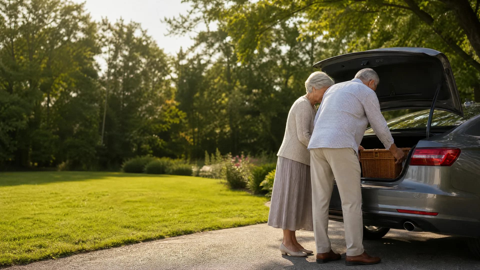 An older man and woman stand at the open rear hatch of a silver car on a paved driveway, loading a wicker basket, with a lawn and green trees behind them.