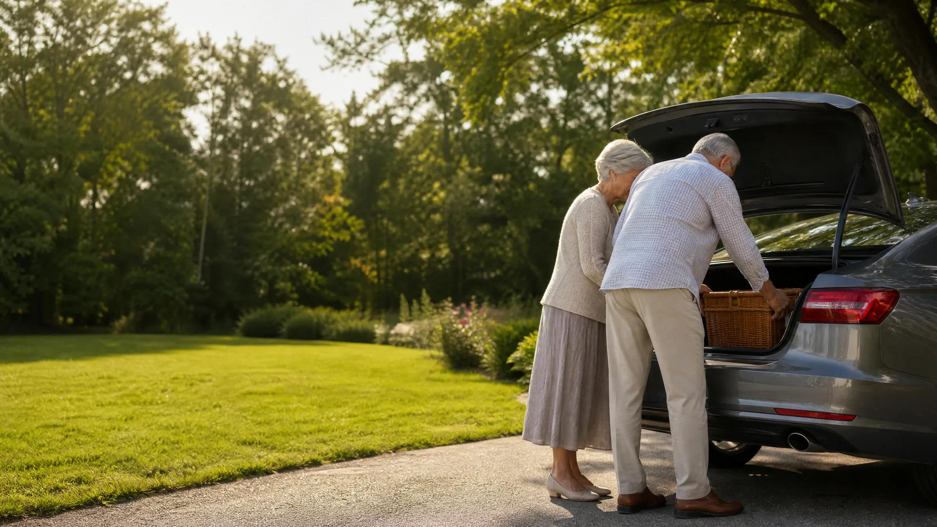 An older man and woman stand at the open rear hatch of a silver car on a paved driveway, loading a wicker basket, with a lawn and green trees behind them.