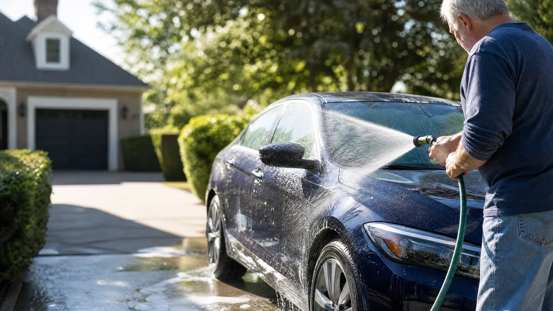 A man in a blue sweater sprays water from a green hose onto a dark blue sedan parked on a driveway, with a house and trimmed hedges in the background.