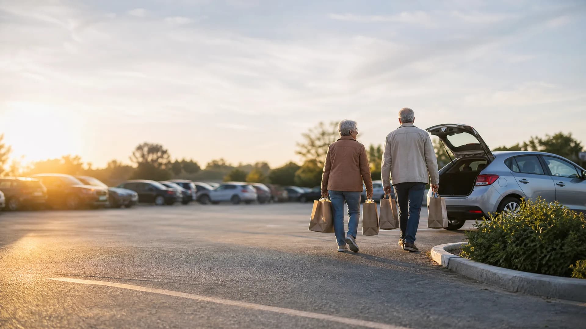 Two people carrying paper shopping bags walk across a parking lot toward a hatchback car with its tailgate open, with rows of parked cars and low sun behind them.