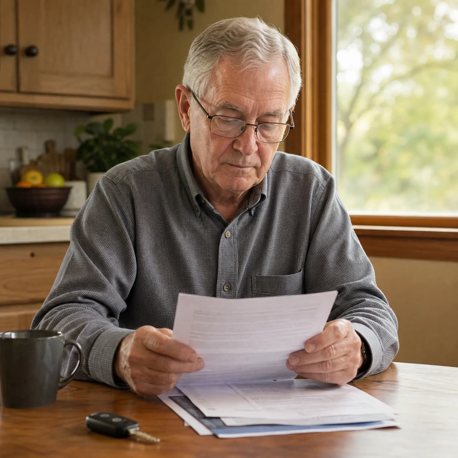 An older man with glasses sits at a wooden kitchen table reading a printed document, with more papers, a car key fob, and a gray mug on the table and a window behind him.
