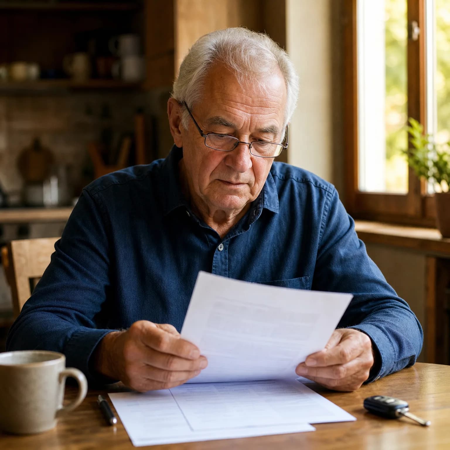 An older man in a dark blue shirt and glasses sits at a wooden table reading a printed document, with more papers, a pen, a ceramic mug and a car key fob on the table and a window behind him.