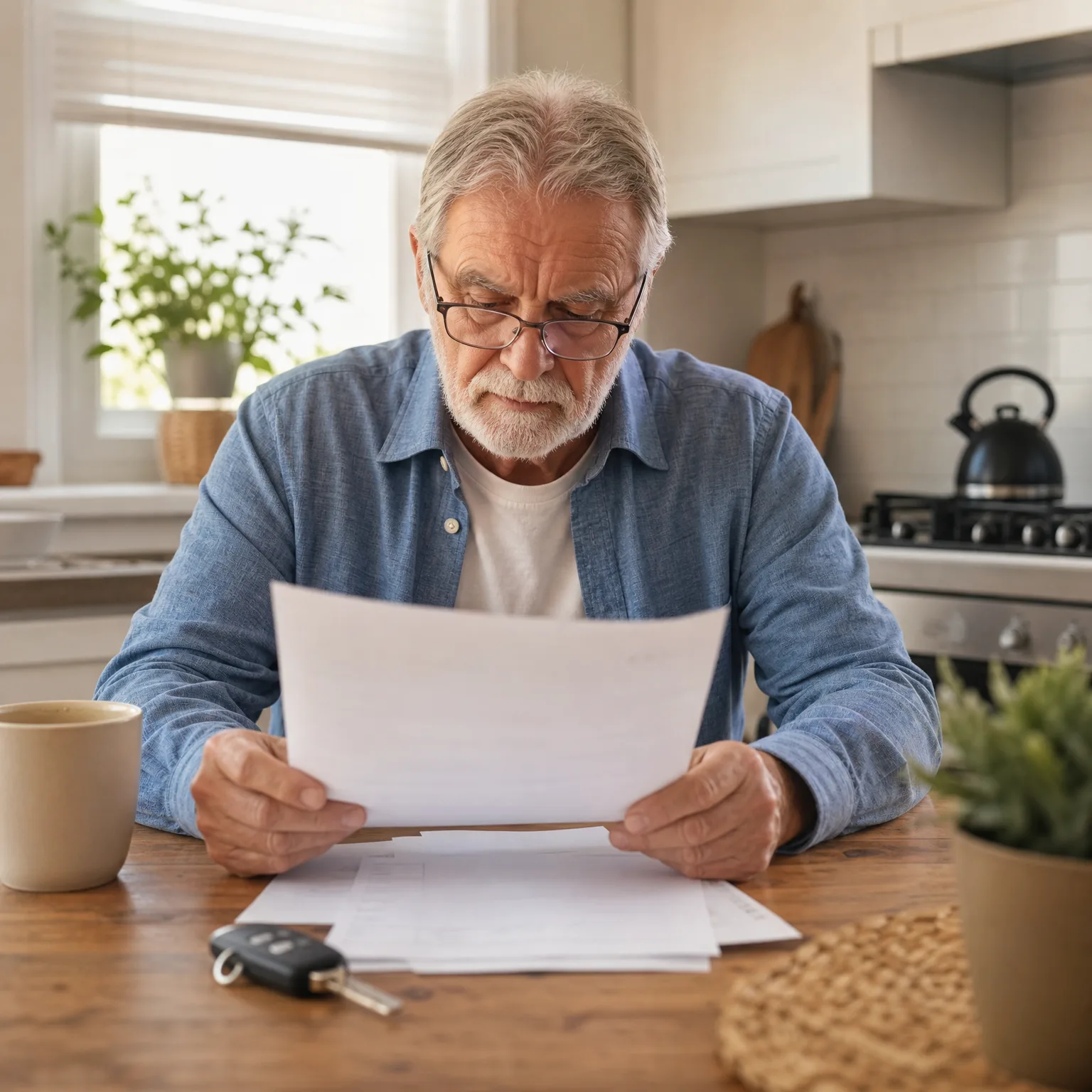 An older man with glasses and a blue shirt sits at a wooden kitchen table reading a sheet of paper, with more papers, car keys, a mug, and a potted plant nearby.